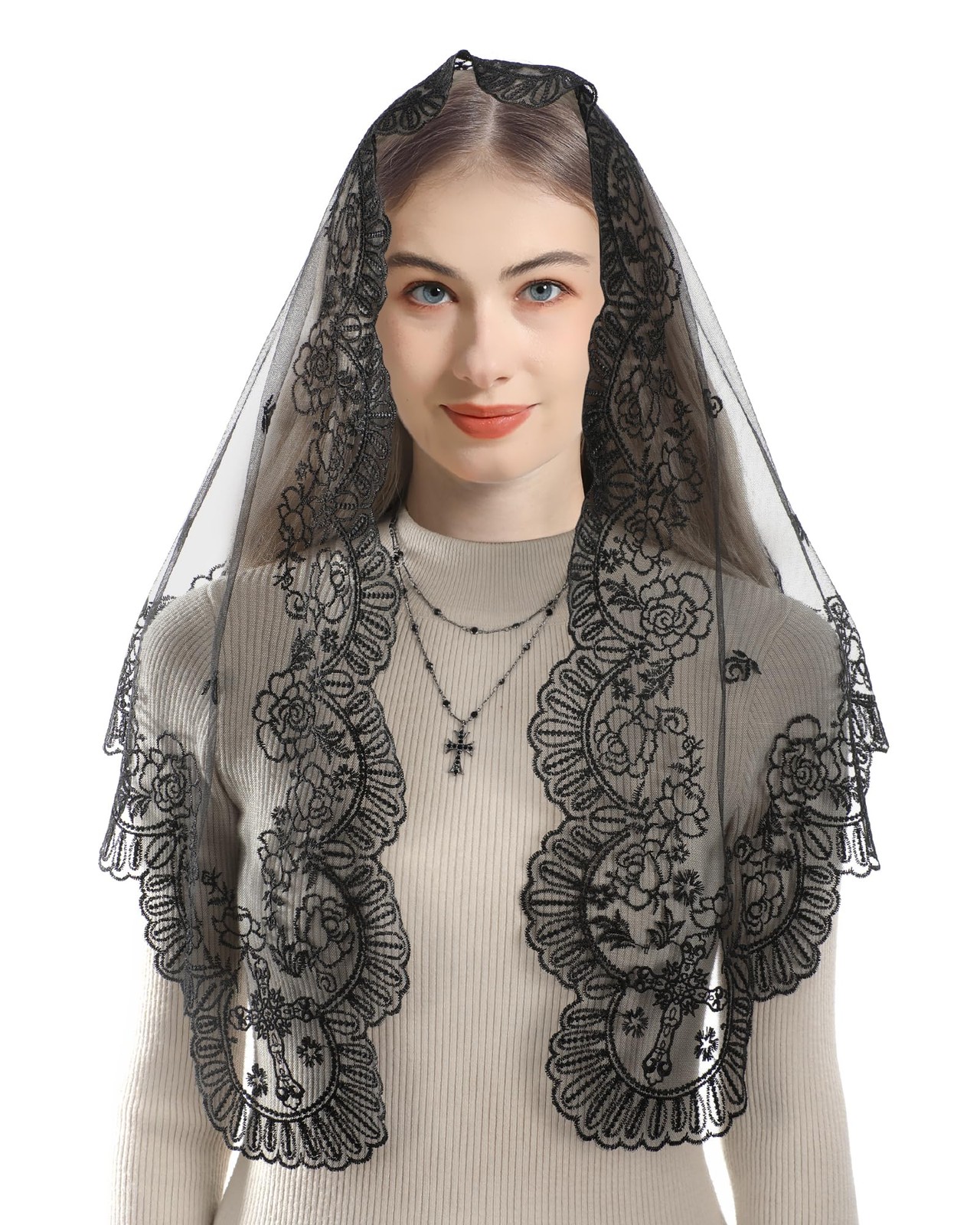 Mantilla Veils for Church Catholic, Triangle Black Seven Sorrows Sacred Heart...