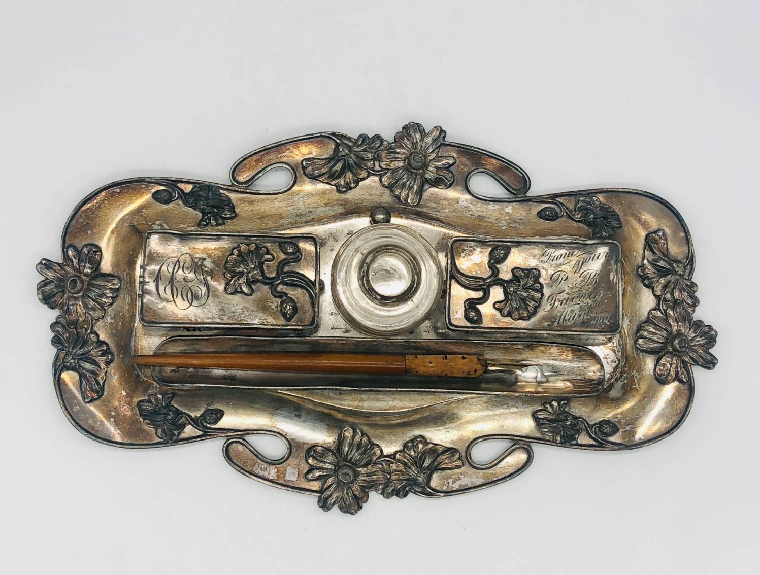 Antique 1905 Derby Silver Co. Art Nouveau Inkwell Set - Engraved #1778 - USA