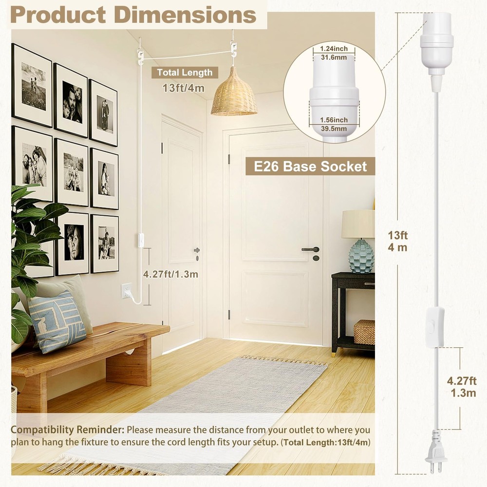 DiCUNO Hanging Lantern Extension Cord Cable, E26 13ft -1P, - White