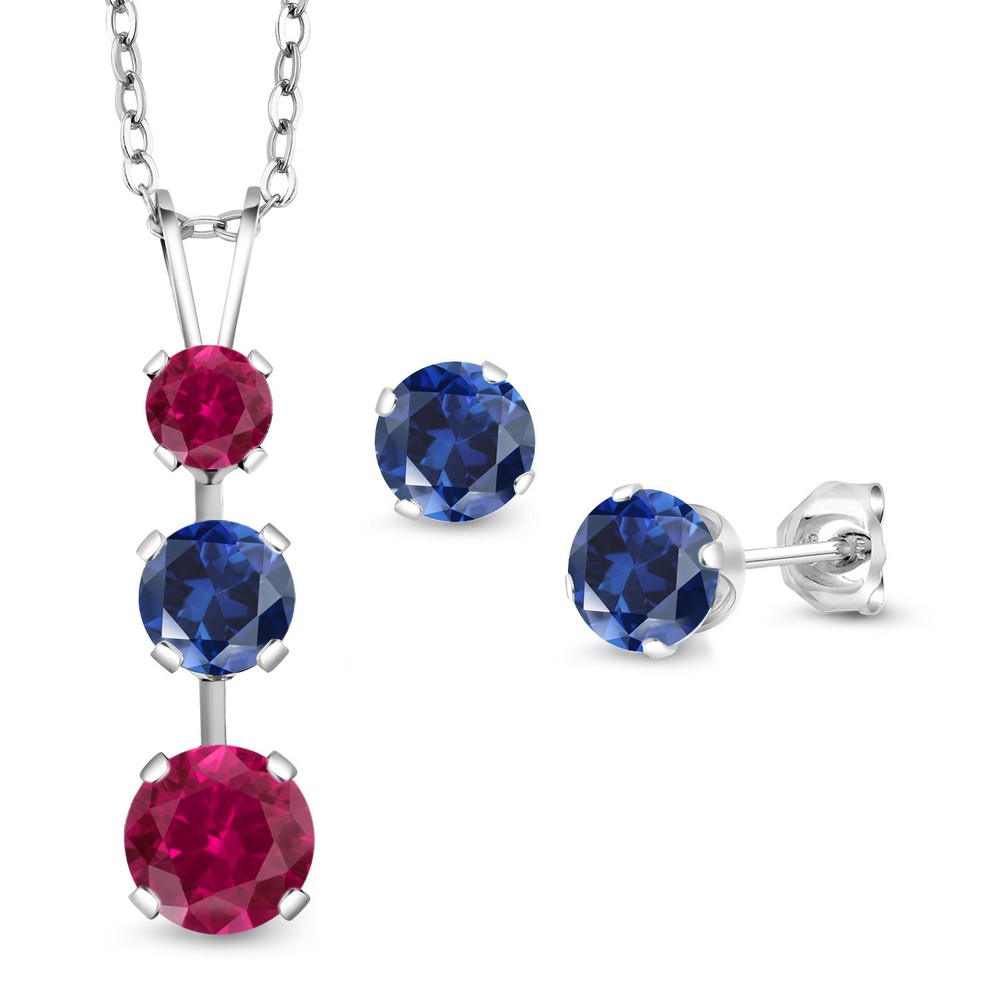 925 Sterling Silver Created Ruby and Created Sapphire Pendant and Earrings