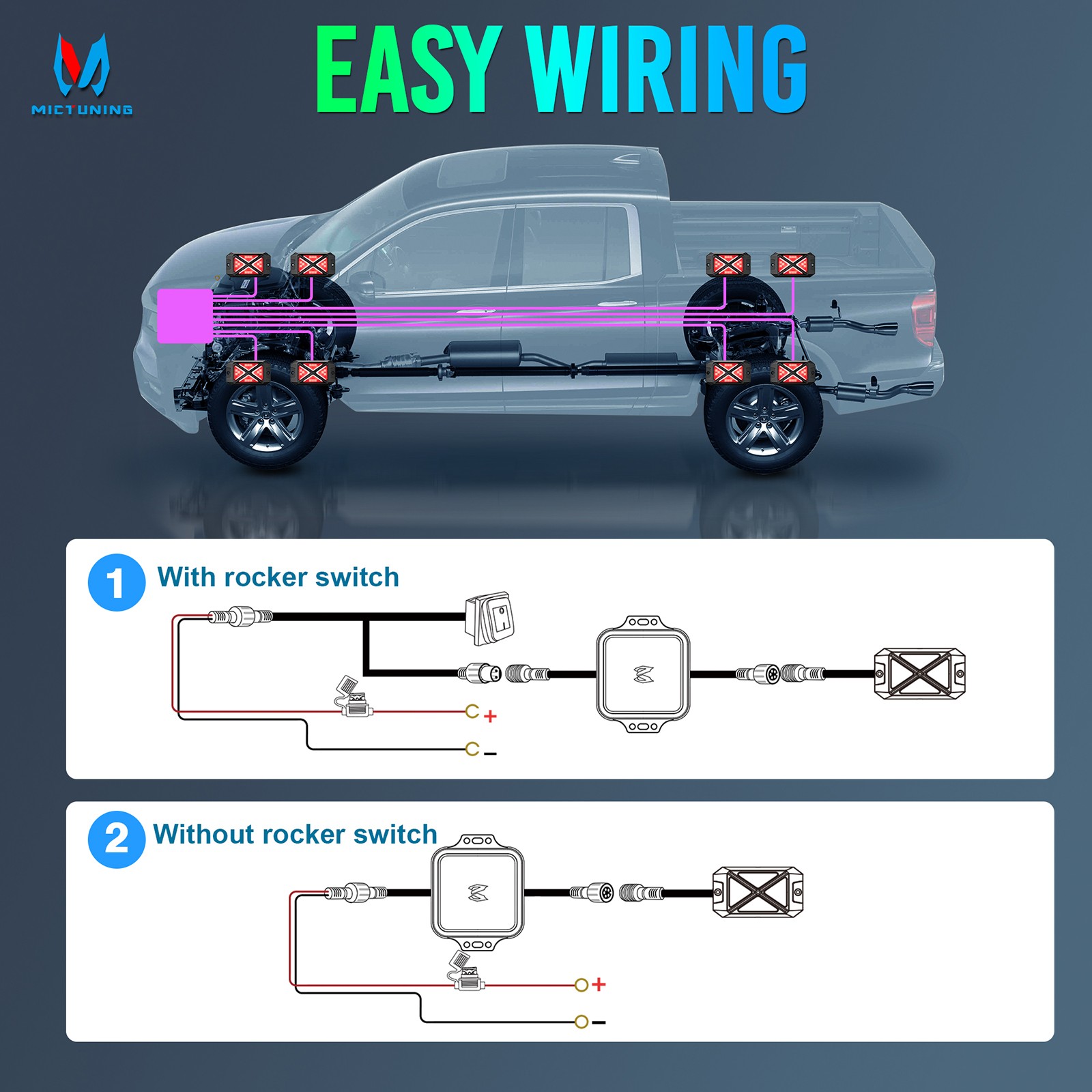 MICTUNING C4 RGBW LED Rock Lights 12 Pod Car Underglow Neon Accent Light LED Kit