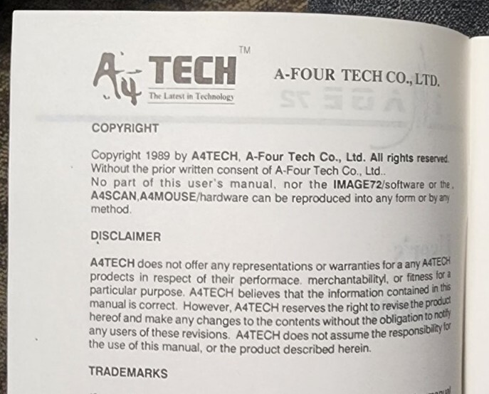 Scarce 1989 IMAGE72 • A4TECH User's Manual PMU-IMAGE720 Taiwan Early Computing