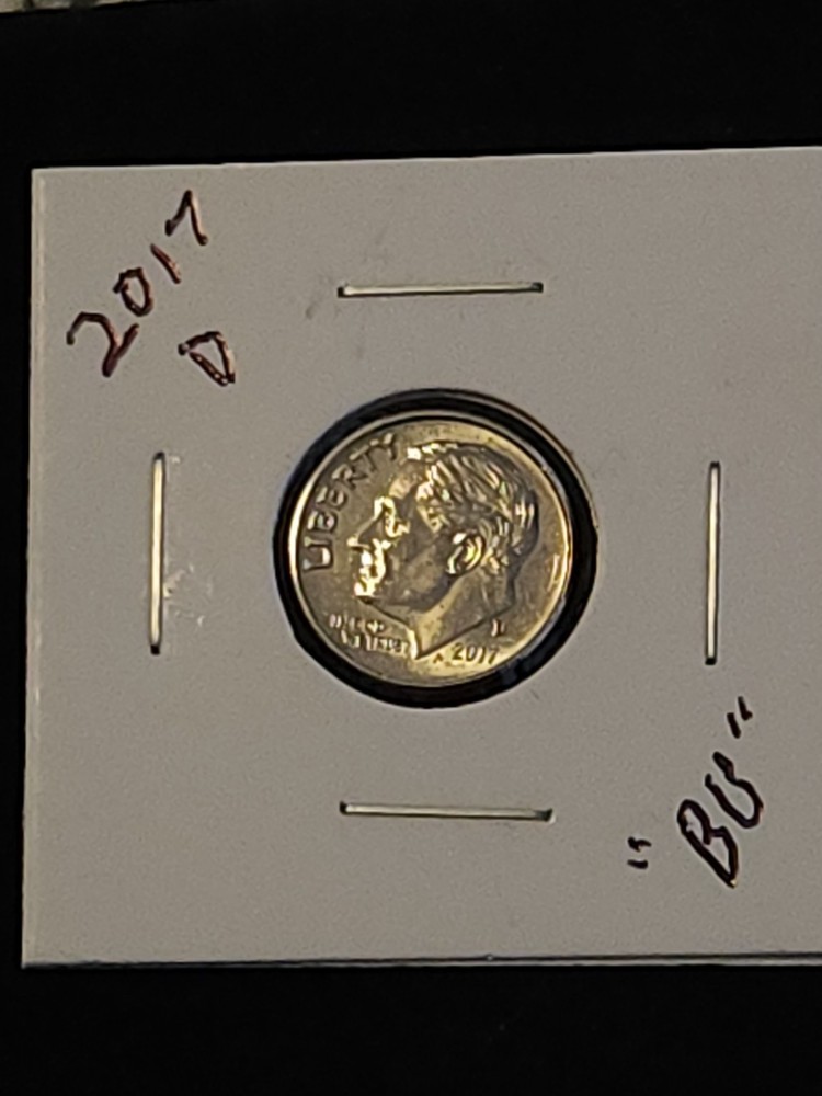2017 D Roosevelt Dime. BU = Brilliant Uncirculated.