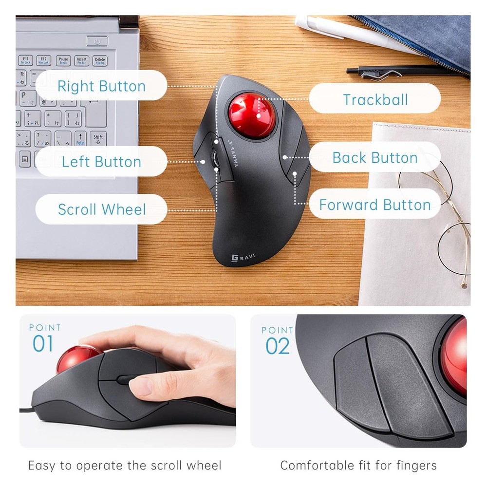Wired Ergonomic Trackball , Optical Rollerball Mice, Programmable Silent Butt...