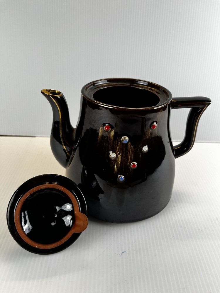 Redware Tea Pot Brown Drip Raised Dots Vintage