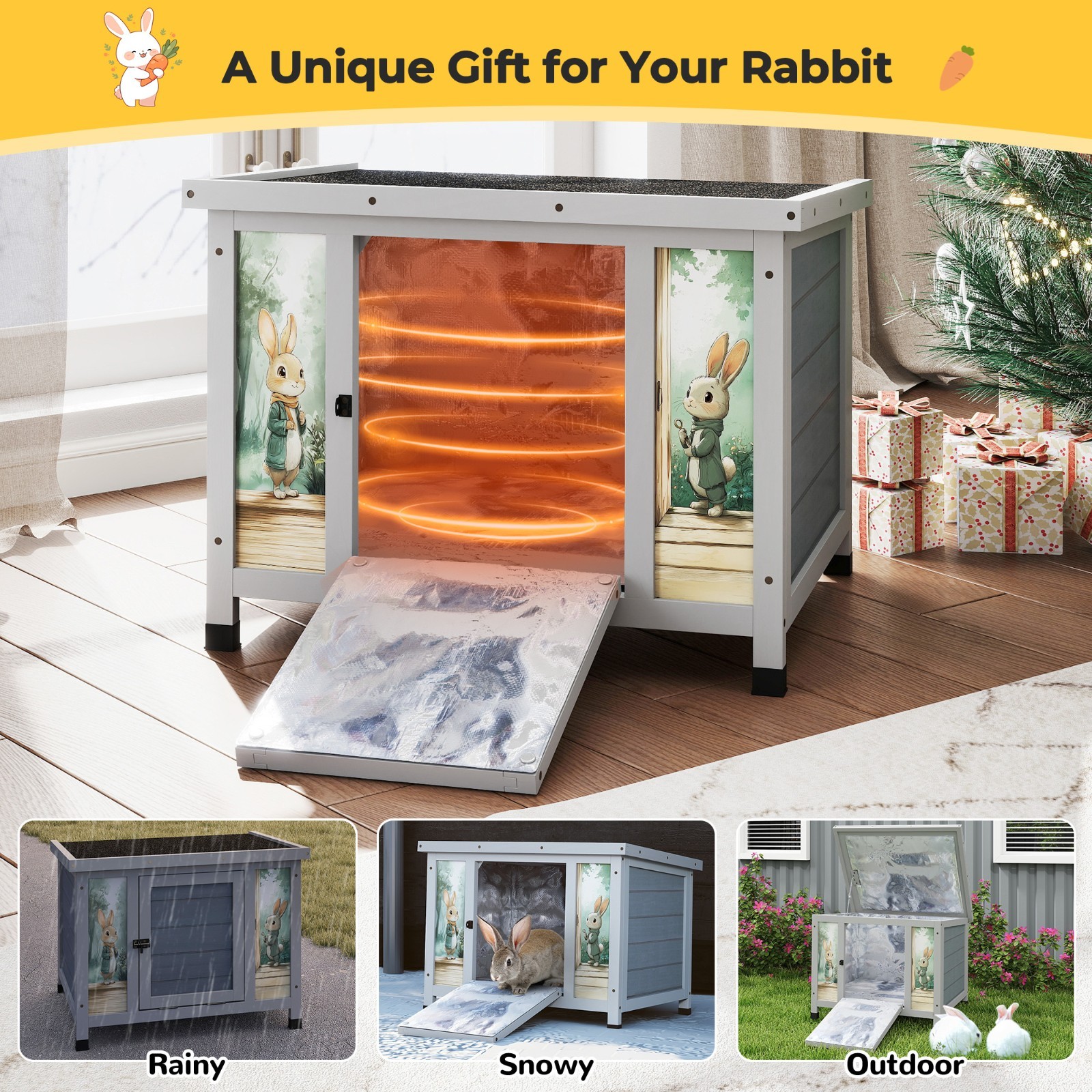 24'' Small Heated Cat House Outdoor Indoor, Insulated Rabbit Hutch w/ Warm Liner