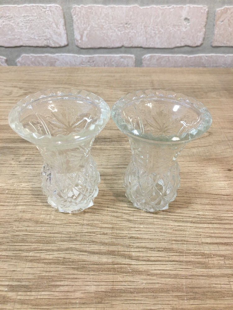 Vintage 2 Pineapple Shaped Diamond Pattern Clear Glass Toothpick Holder