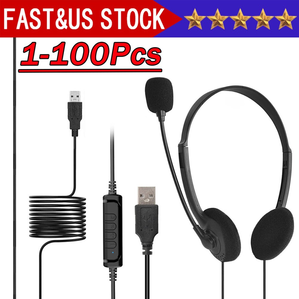 USB Headset Headphone  Microphone Noise Cancelling For PC Computer Call Chat Lot