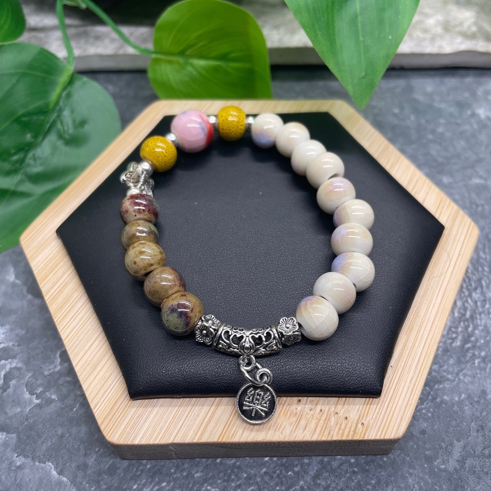 Handmade Ceramic Bead Beaded Stackable 6.25” Plus Stretch Bracelet New B507