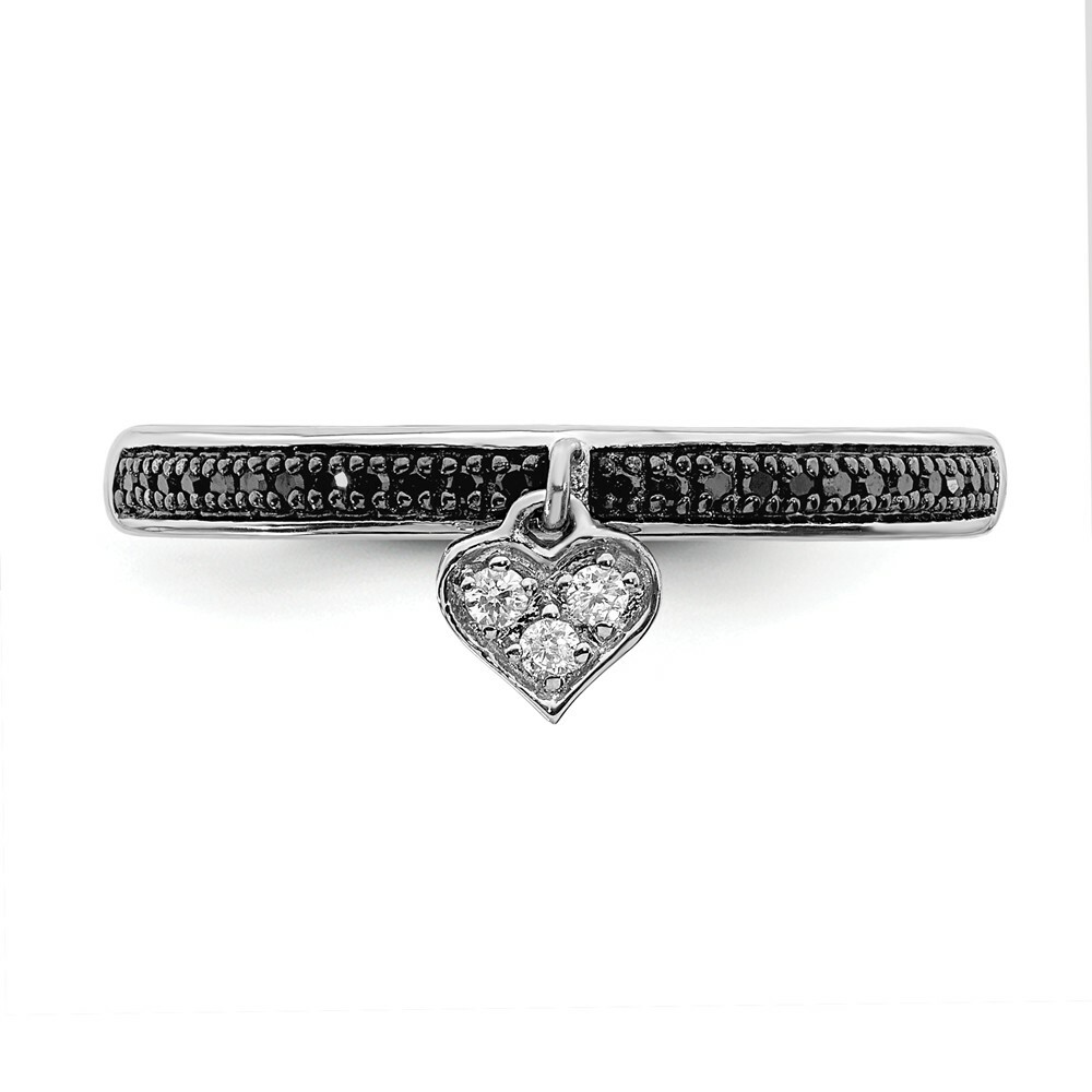 Sterling Silver Stackable Dangle Heart Ring with Black & White Diamonds QSK1061