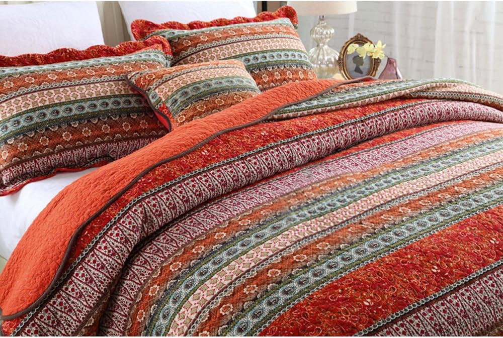 Striped Classical Cotton 3-Piece Patchwork Bedspread Quilt Sets, Queen Size