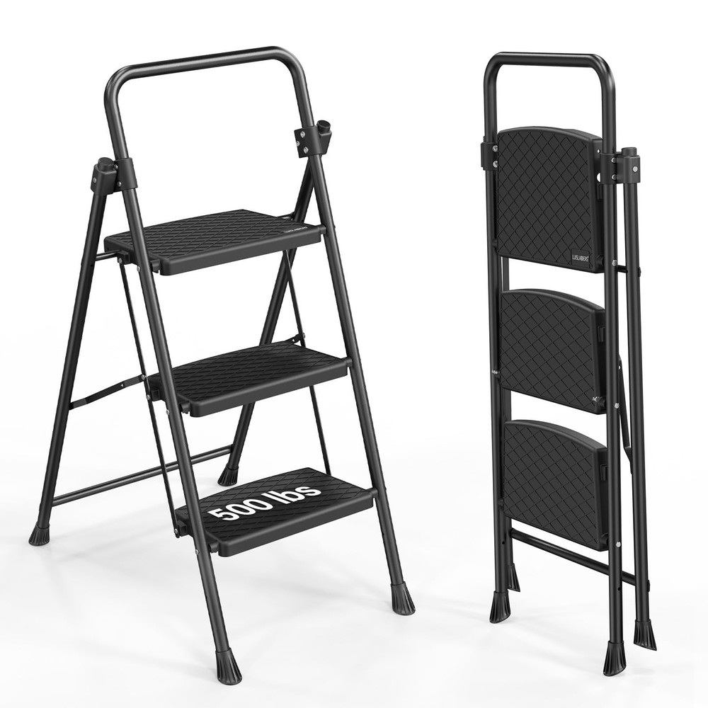 LUISLADDERS 3 Step Ladder with Handrails, Folding Step Stool with Widened Ant...