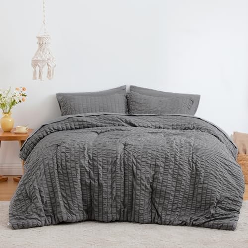 Seersucker King Size Comforter Set, 7-Piece All King (102"X90") Dark Grey