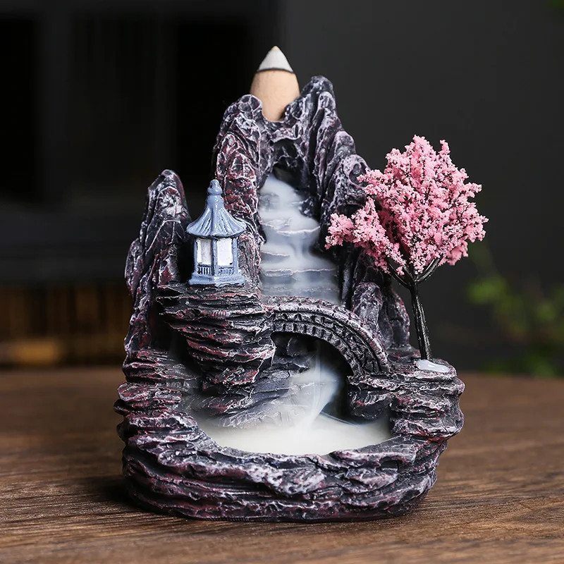 **Resin Backflow Incense Burner Waterfall Mountain River Aromatherapy Holder**