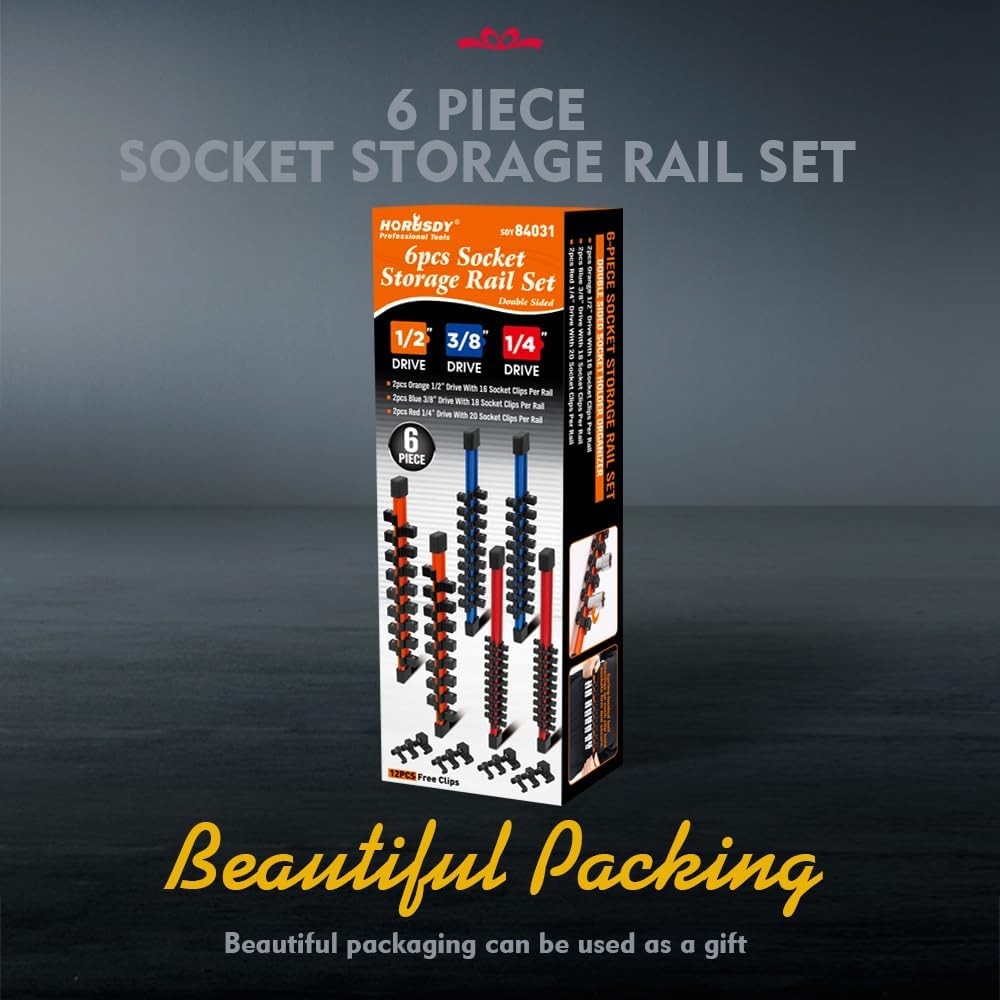 6PC Double Sided Socket Holder Organizer 1/4 3/8 1/2 Driver Shallow Deep Socket