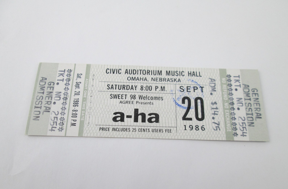 A-HA Unused Concert Ticket Omaha NE 9/20/1986 Civic Auditorium