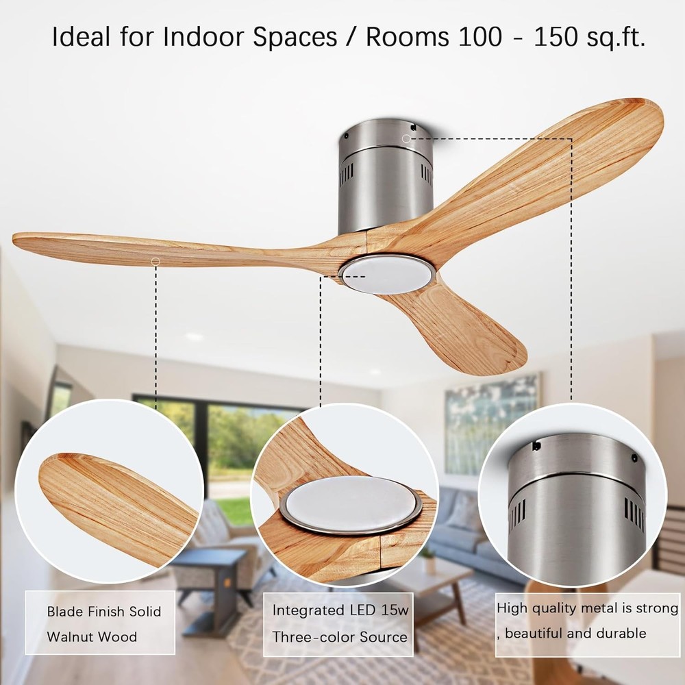 52” Ceiling Fan with Light with 6 Speed Remote/APP Control, Solid Wood Fan