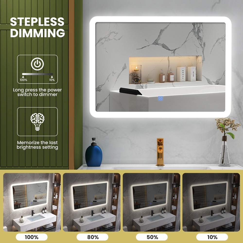 Wall Mounted Rectangle Bathroom LED Mirror Dimmable Touch 3-Color Frameless