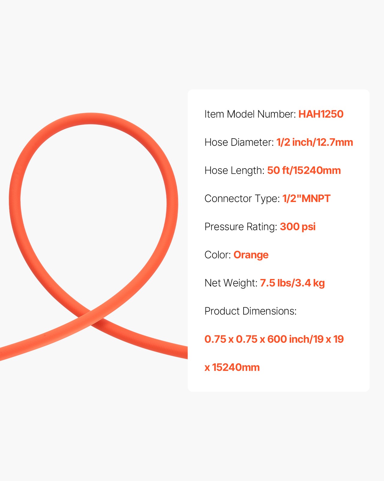 VEVOR Air Hose 1/2" x50ft Hybrid Air Hose with 1/2 inch Solid Brass Male Fitting