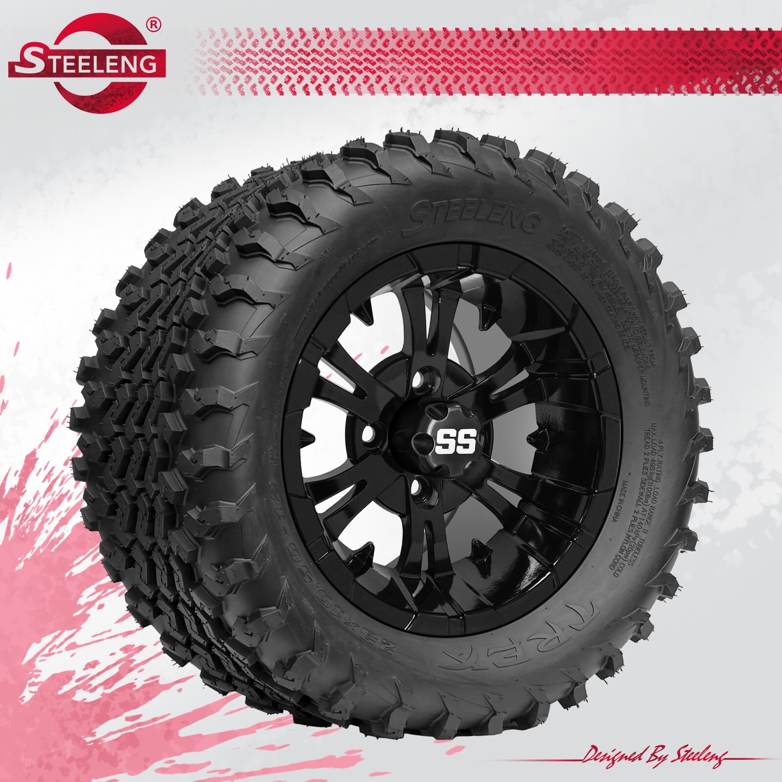 GOLF CART 12" Black VAMPIRE WHEELS / RIMS and 23" TREX A/T TIRES (SET OF 4)