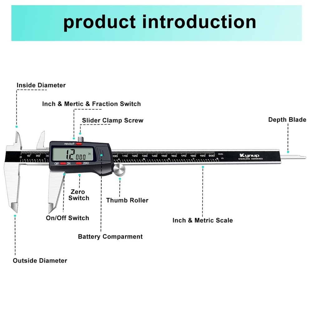 Versatile 8 Inch Digital Micrometer Caliper - Large LCD & Fraction Conversion