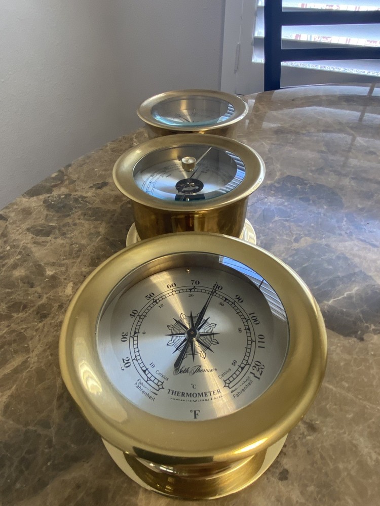 Seth Thomas Brass Thermometer Barometer Hygrometer Ship Set
