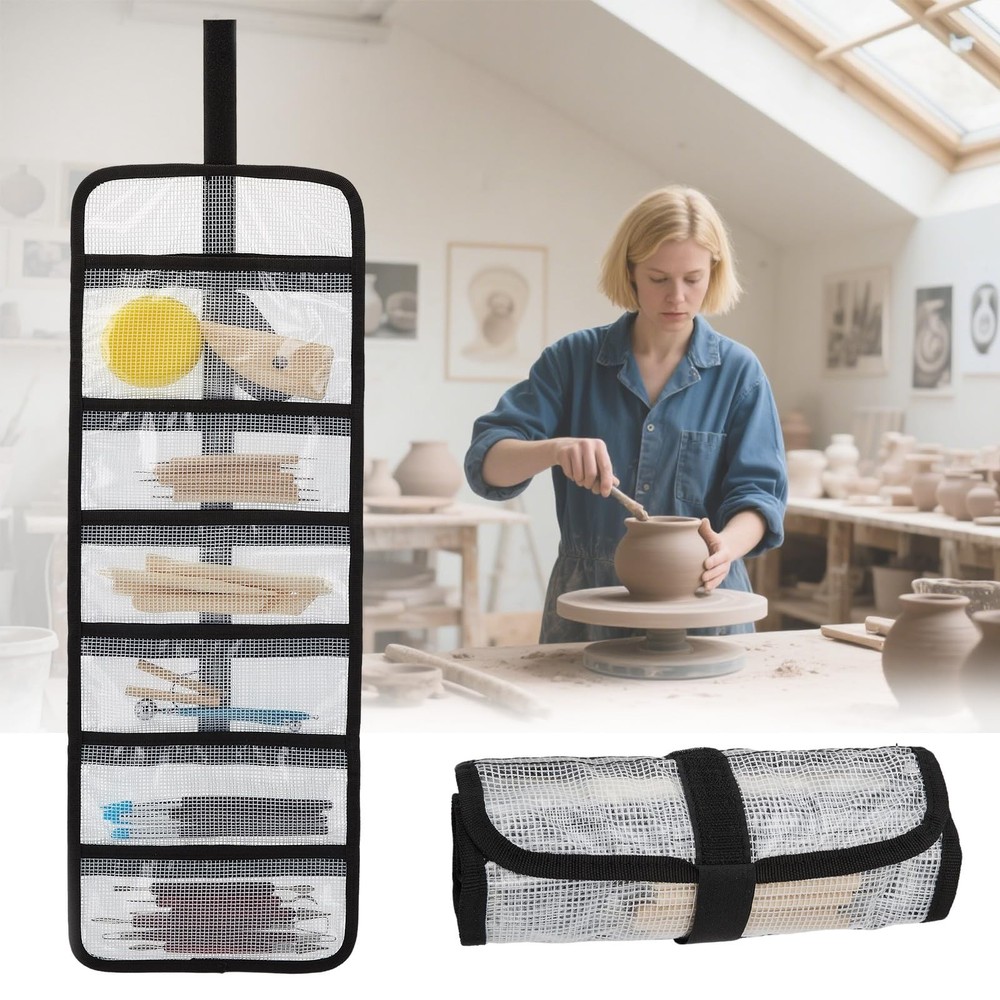 Small Roll Up Storage Bag 6 Pockets Tool Kit Organizer Pouch Clear 2 Pack