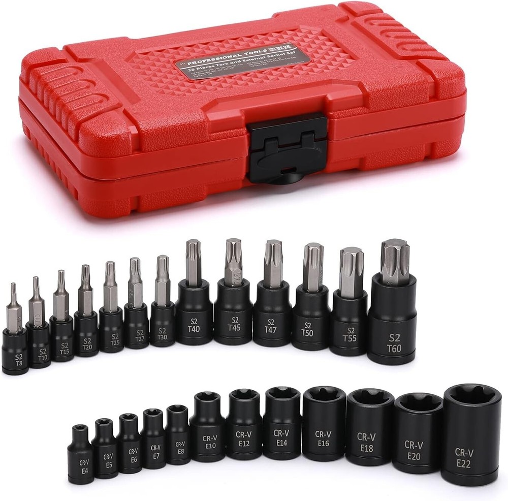 25PCS Torx Bit Socket Set-Torx and External Socket Set 1/4 3/8 and 1/2 Drive NEW