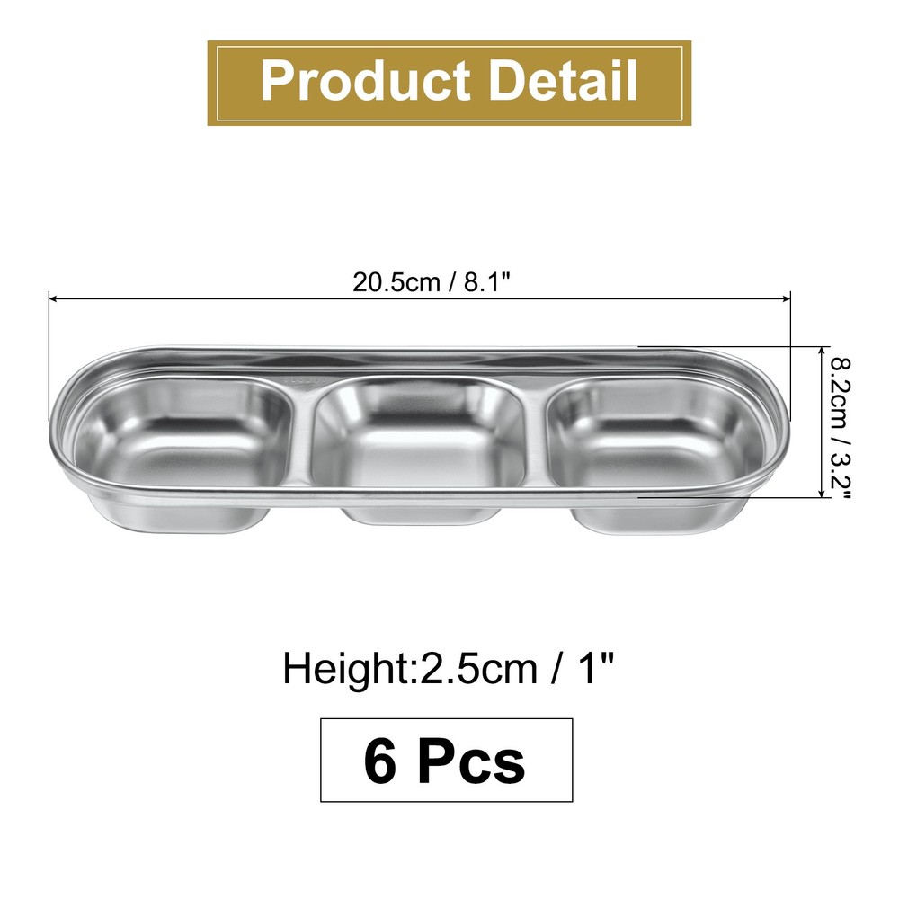 6pcs Metal Dish Dipping with 3 Rectangular Compartment Divided Silver