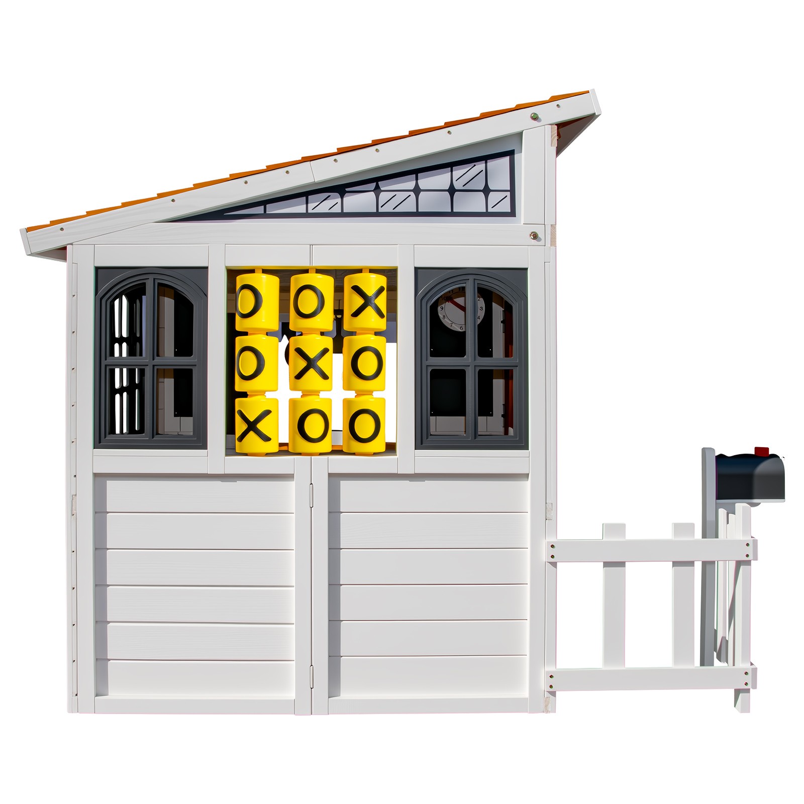 Wooden Kids Playhouse Cottage Play Kitchen,Bench,Mailbox,Tic-Tac-Toe,Chalkboards