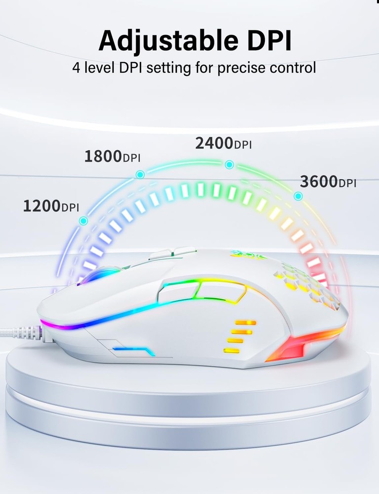 Wired USB Mouse with RGB Lighting 4 Adjustable DPI 7 Buttons White