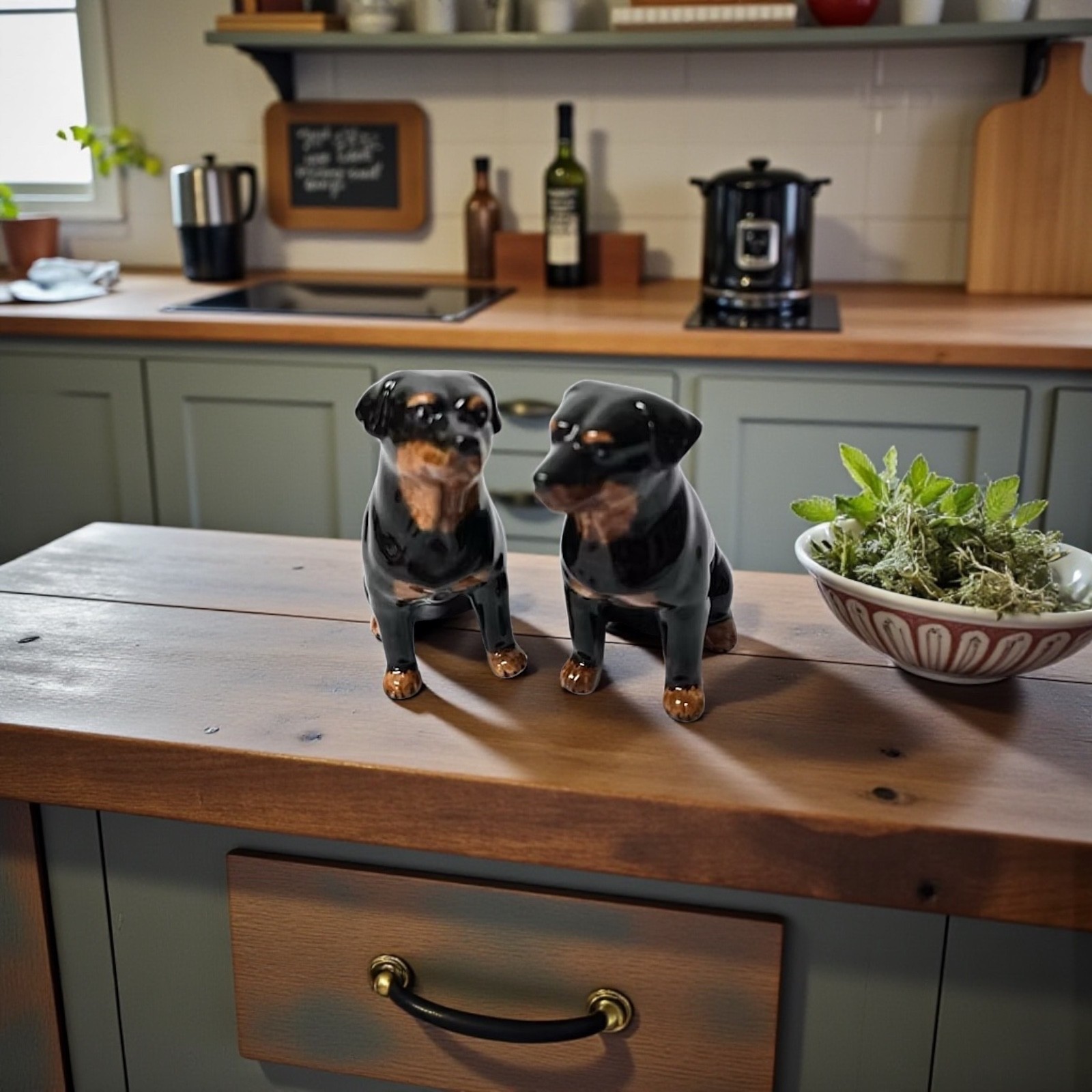 SET Salt&Pepper Shaker Ceramic Rottweiler Dog Figurine Hand Painted Home Decor