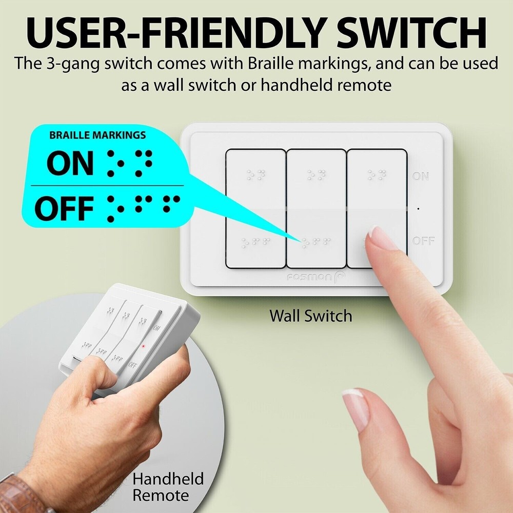 Wireless Remote Control 3 Outlet Plug On OFF Electrical Grounded Wall Switch