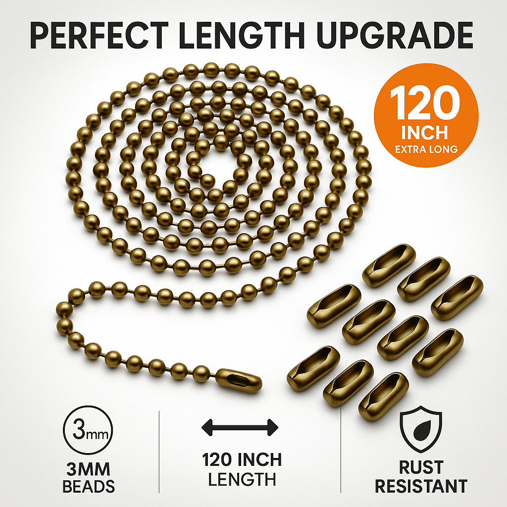 120 Inch Ceiling Fan Pull Chain Extension Bronze 3mm Ball Chain with Connectors