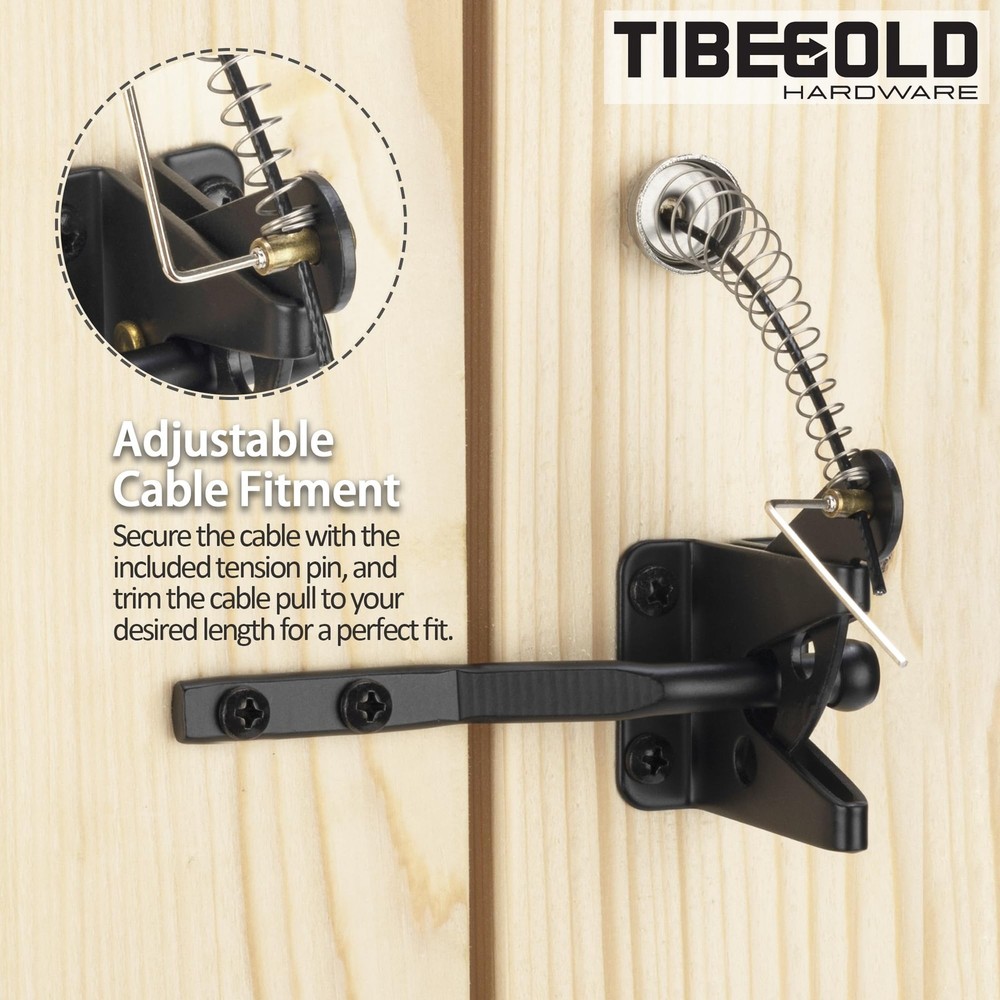 TIBEGOLD Self Locking Gate Latch with Spring Cable Pull, Black Gravity Lever...
