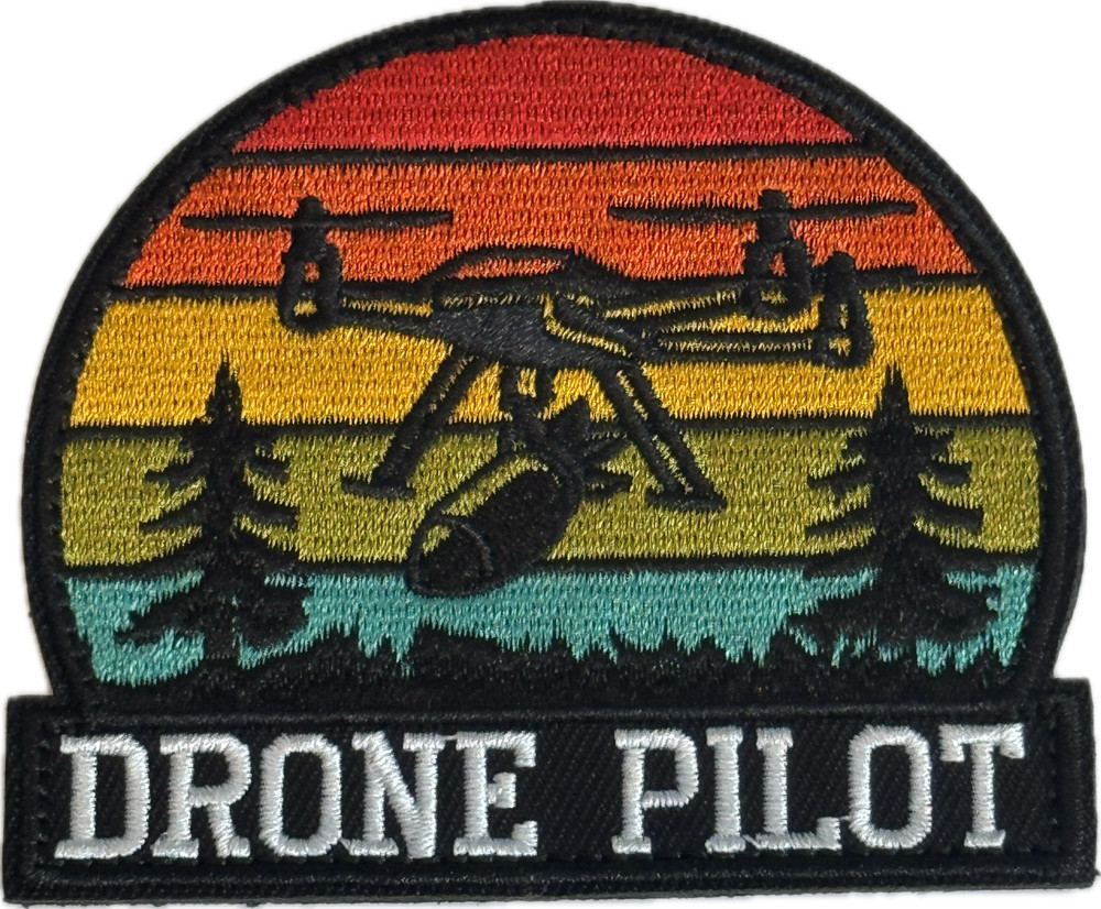 Drone Pilot Patch – Retro Sunset Forest Design Embroidered Tactical Hook & Loop