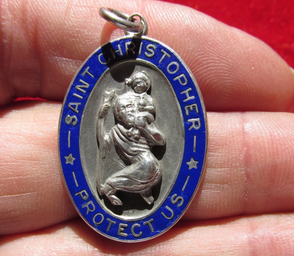 Sterling St Christopher Medal Protect US enameled 65th troop carrier veteran