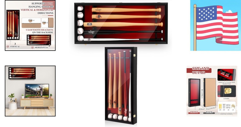 Baseball Bat Display Case Wall Mounted Shadow Box Vertical or Horizontal UV P...