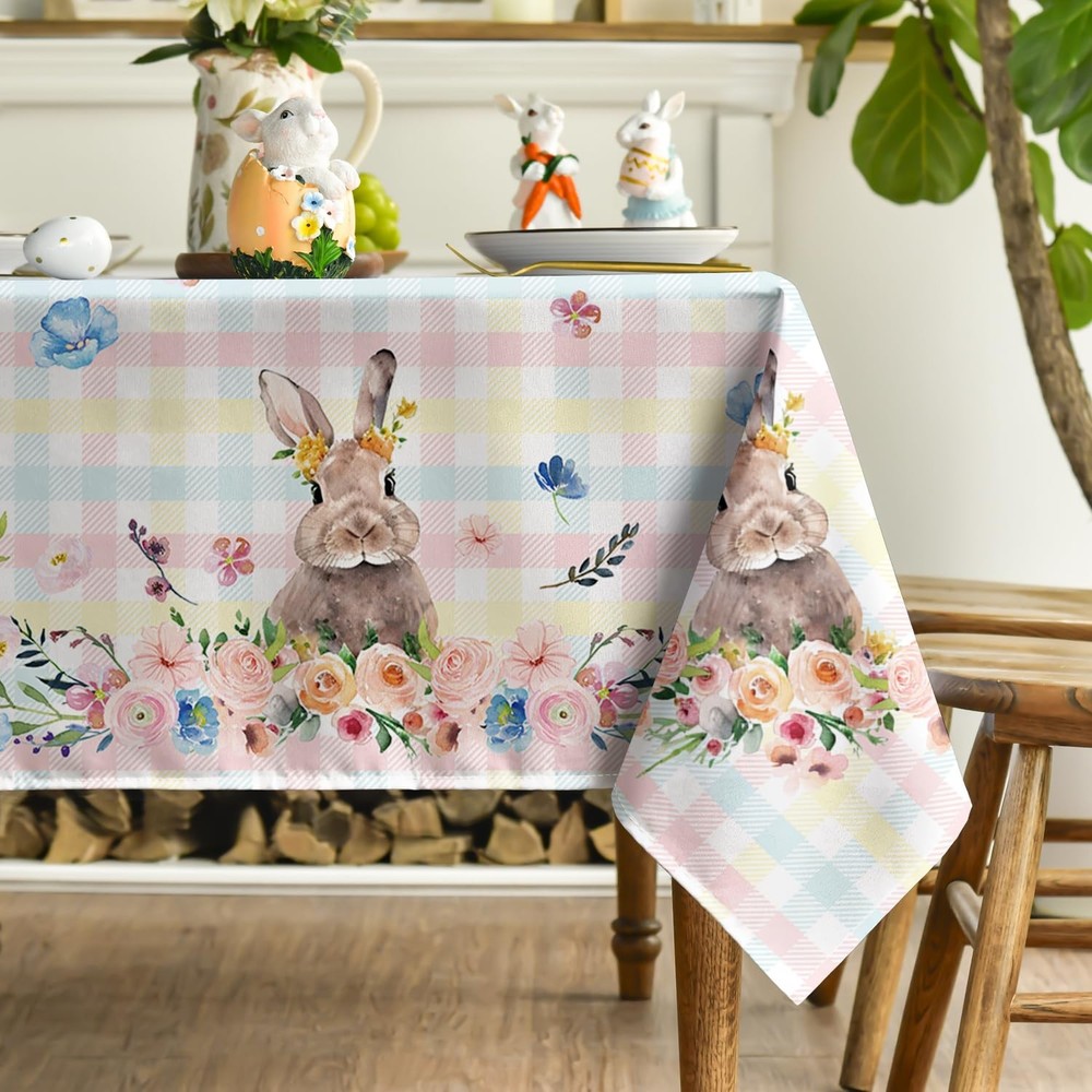 Easter Tablecloth 60×140 Inch Rectangular, Colorful Spring Flower Buffalo Pla...