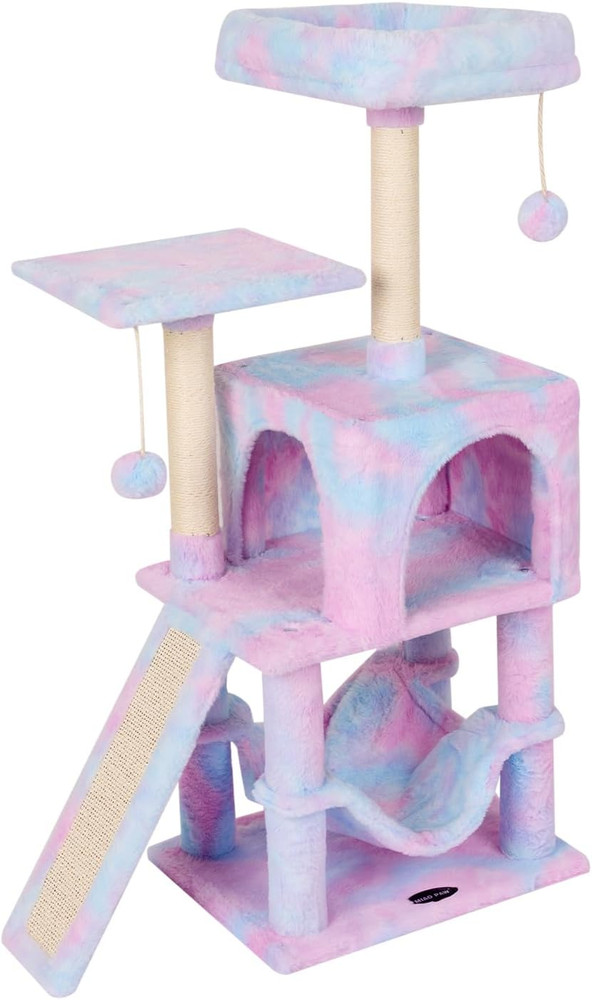 Rainbow Cat Tree Tower with Scratching Post, Hammock & Hanging Ball