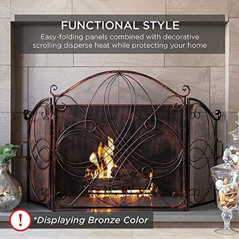 3-Panel Iron Fireplace Screen Spark Guard Protective Mesh Folding Design New