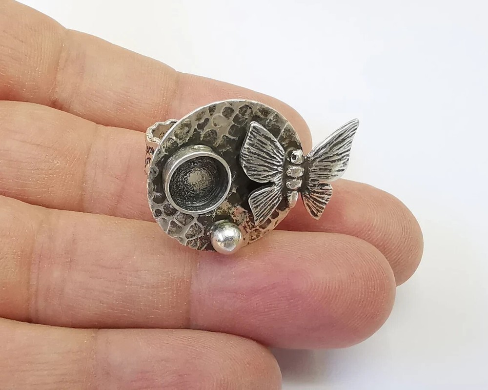 Butterfly silver ring setting blank cabochon mounting Adjustable ring base bezel
