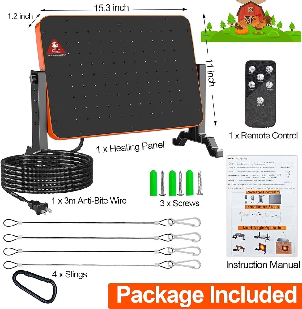 Chicken Coop Heater 200W Brooder Heater Panel Adjustable Temp Remote