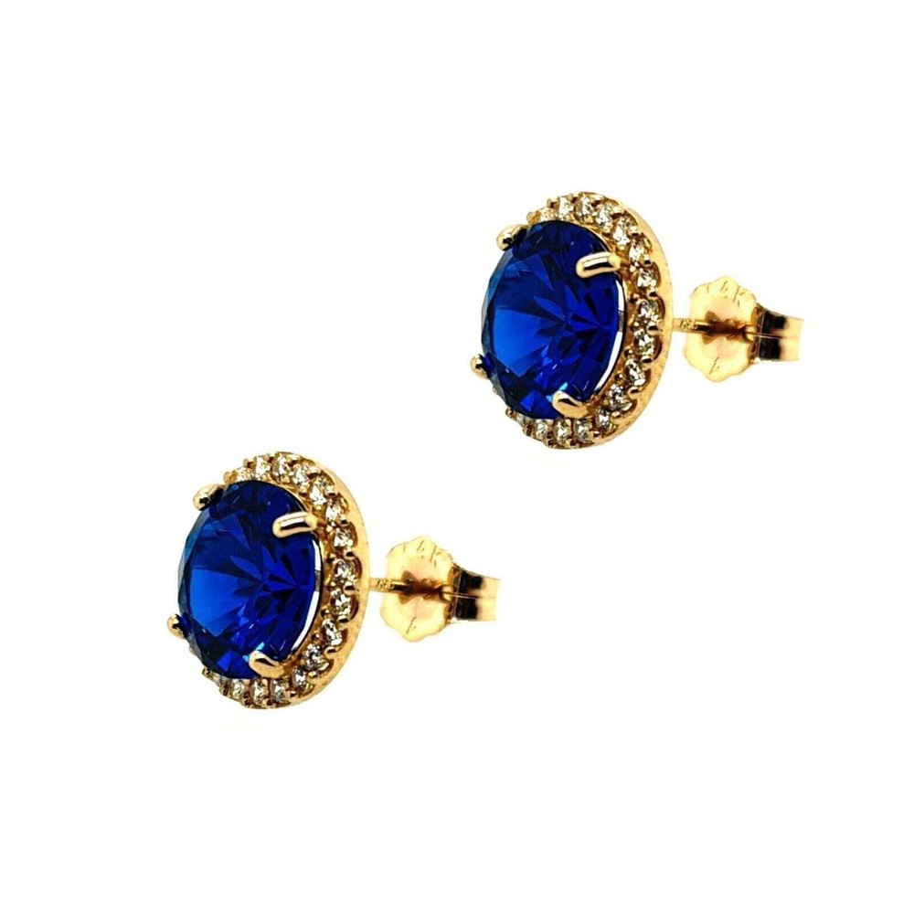14K Solid Yellow Gold Halo Stud Push Back Earrings