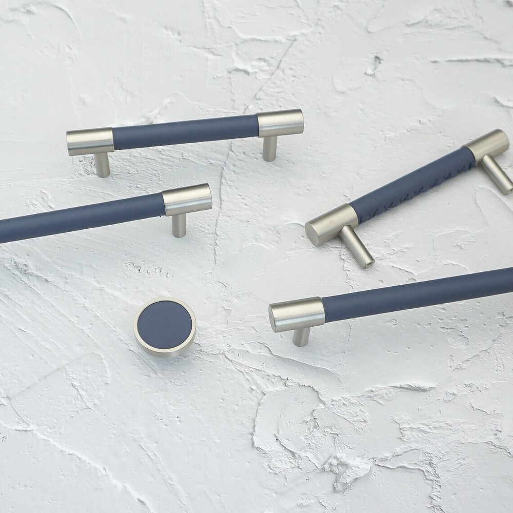 MFYS Navy Blue Leather & Brushed Nickel Cabinet Handle Wardrobe Pull Drawer Pull