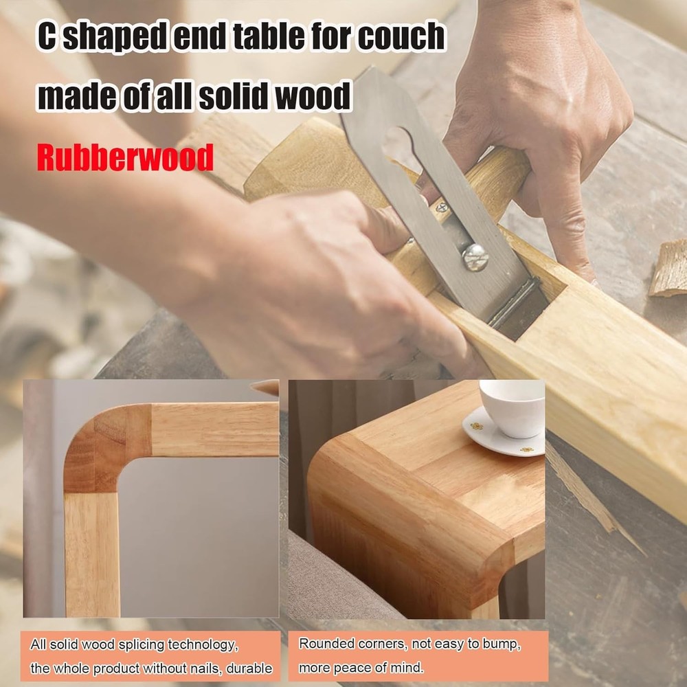 C Shaped End Table Solid Wood Sofa Side Table Couch Bed & Living Room