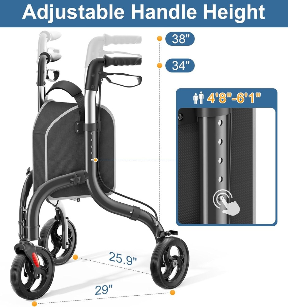 Three Wheel Walker Foldable Aluminum Adjustable Compact Mobility Aid