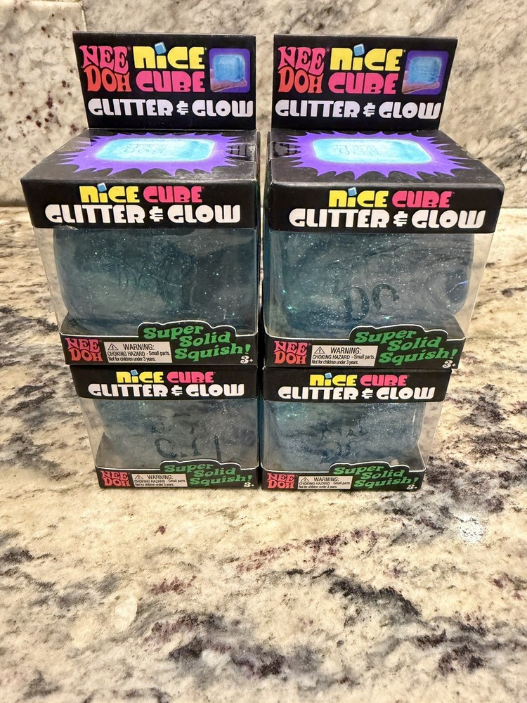 Nee Doh Nice Cube Glitter & Glow Super Solid Squish Toy Blue !