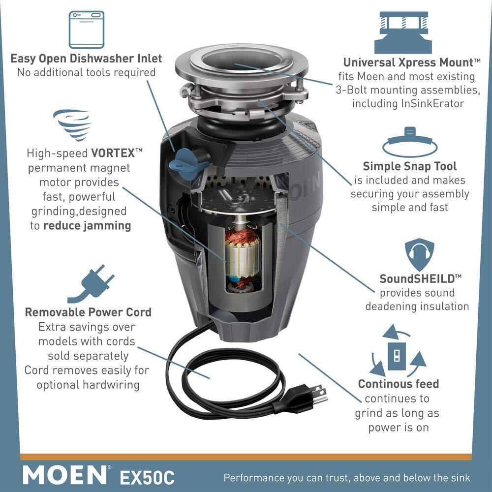 Moen EX50C Garbage Disposal, 1/2 HP, Black