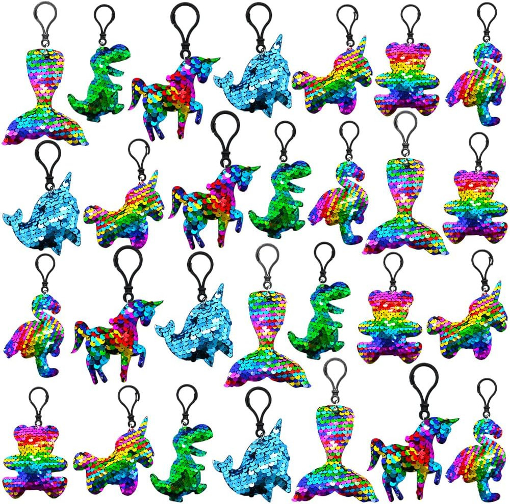 28 Pack Glitter Flip Sequin Keychains Unicorn Dinosaur Keychain with Greeting Ca